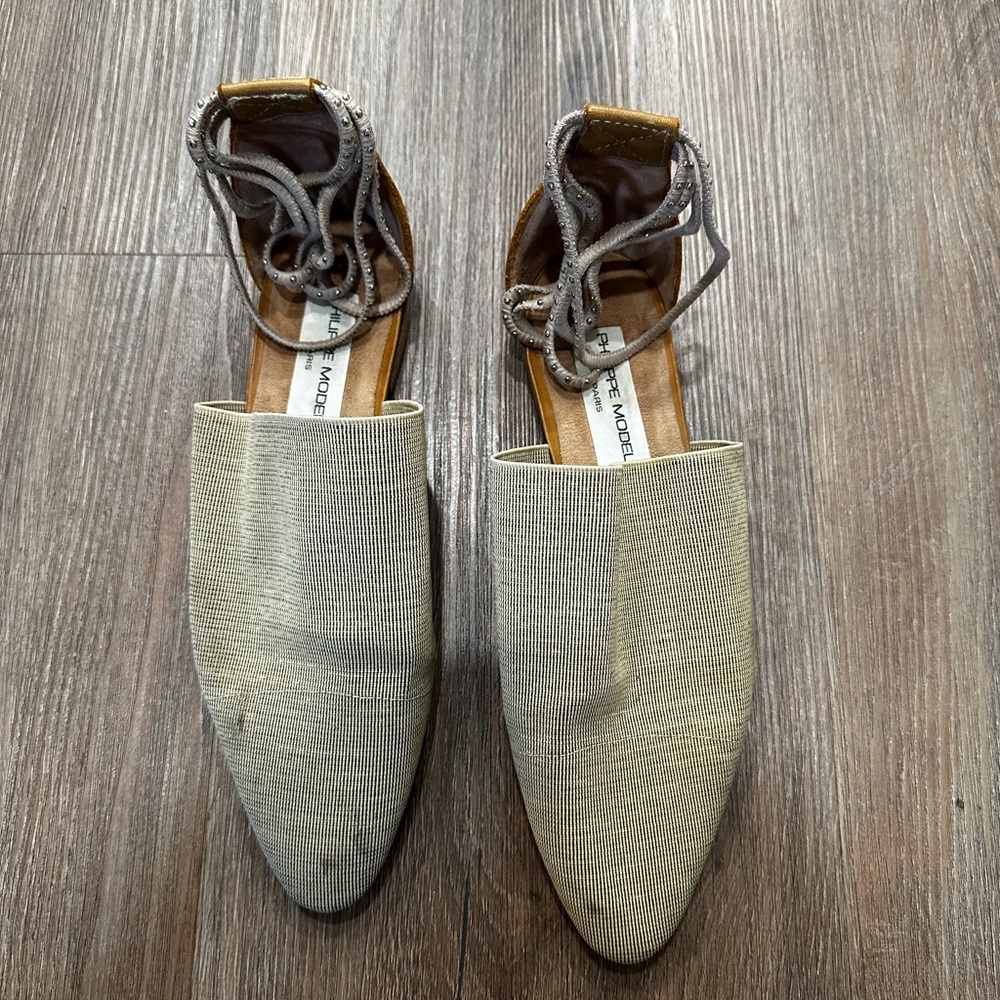 Philippe Model Paris Textured Grey Ankle-Tie Pointed Flats Designer Shoes‎